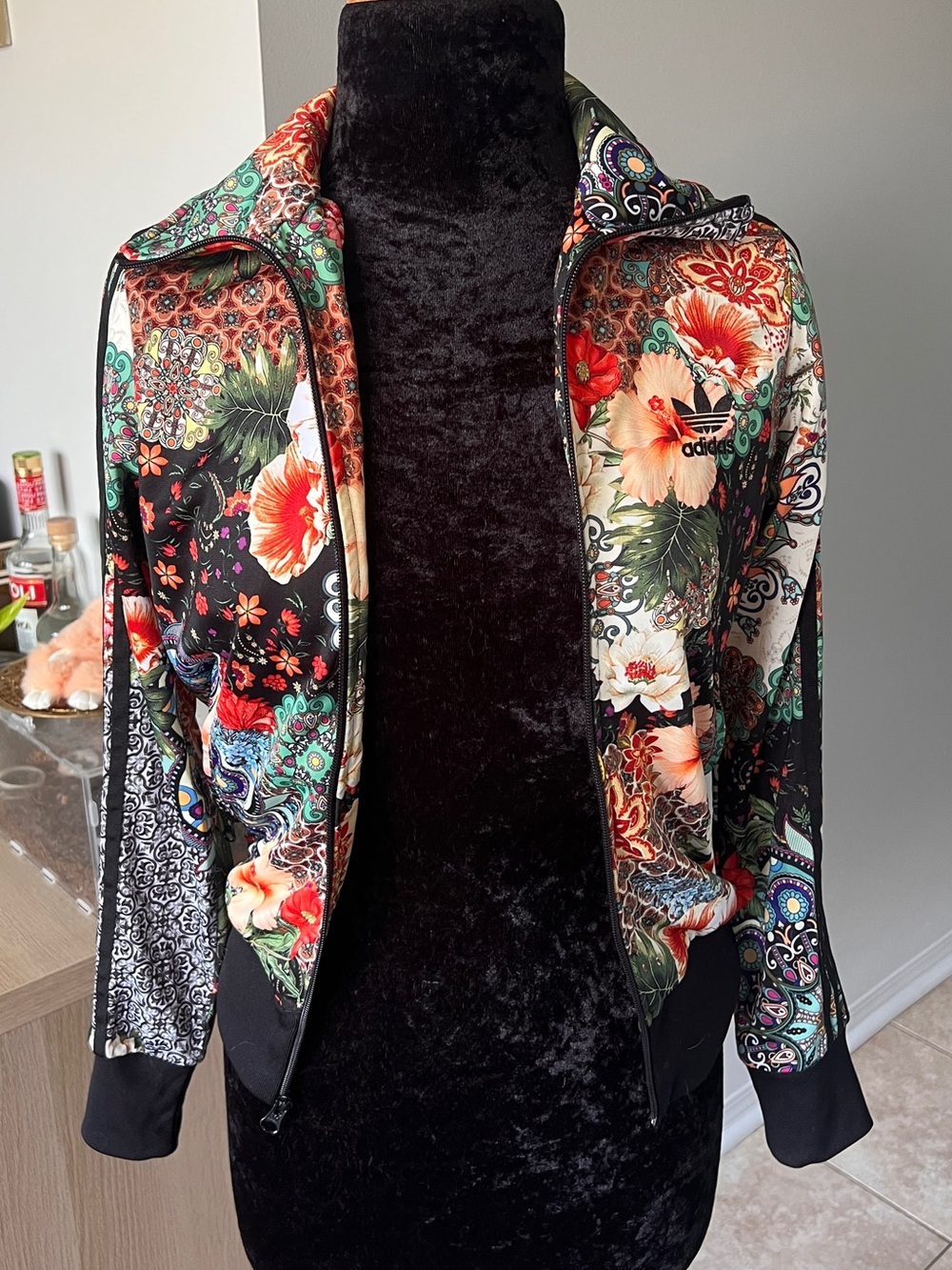 adidas Black Floral Print Zip Bomber Jacket